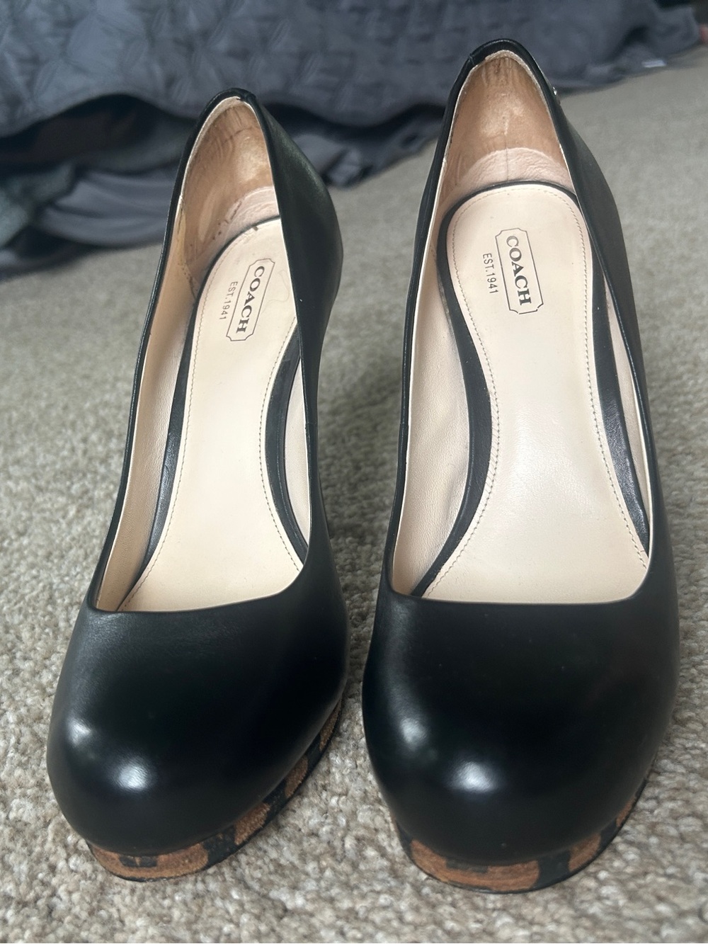 Coach Classic Black Leather High Heel Pumps with C Patterned Platform